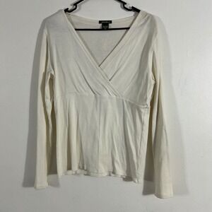 Eddie Bauer Long Sleeve Top Women Medium Tall Cream Cotton Surplice Wrap V-Neck